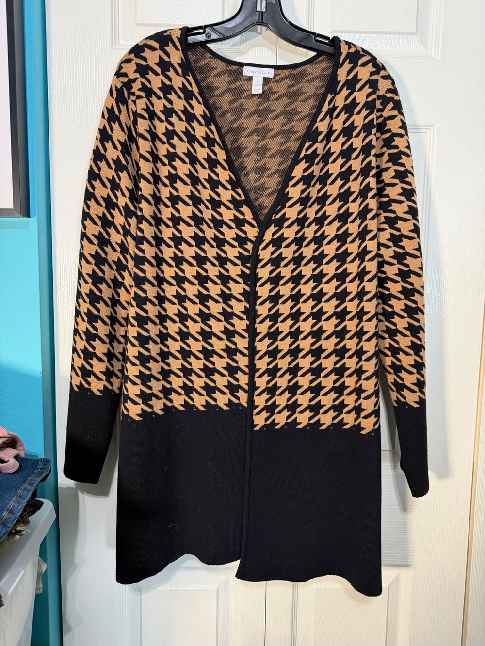 Charter Club Women's Black & Camel Houndstooth Open Cardigan Jacket